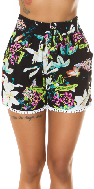 Trendy Summer Shorts with print and lace Black